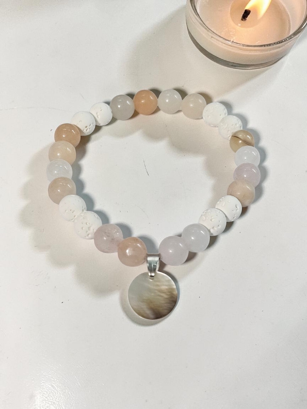 Beaded Stretch Bracelet with Shell Pendant, White & Cream, Rose Quartz, Lava